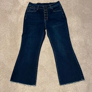 Dark Denim Cropped Boot Cut Button Fly Jeans